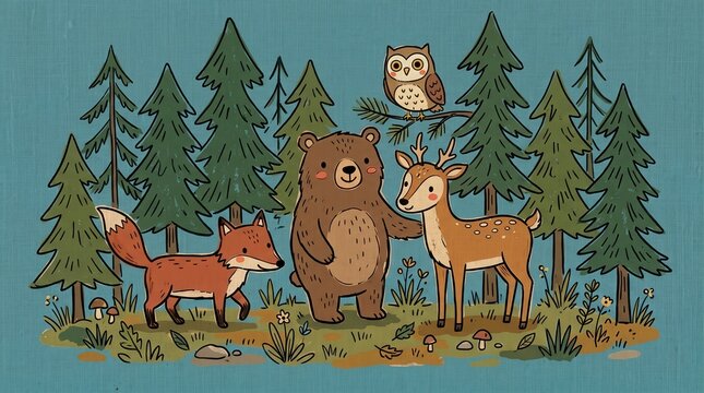 Four friendly forest animals a fox, bear, deer, and owl stand among pine trees