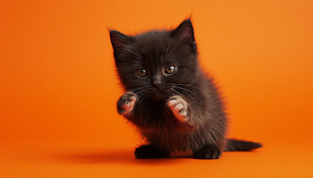 cute small black kitten raising paws on solid orange background