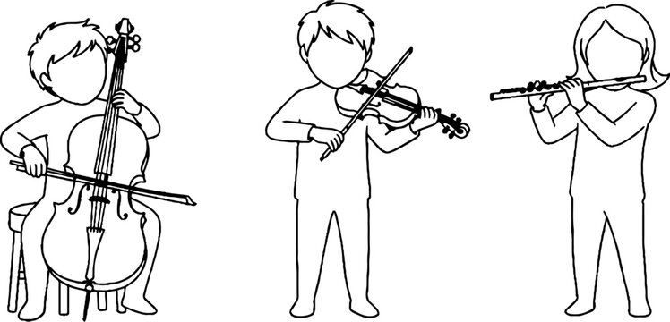 Children playing string instruments together in harmony.