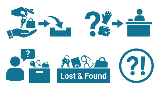 Vector Icons Lost and found vector icon set representing misplaced items and recovery services. EPS Editable