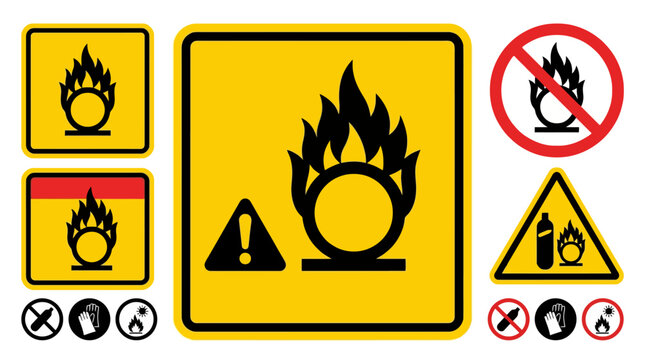 Vector Icons Oxidizing agent warning signs and hazard pictograms set. EPS Editable