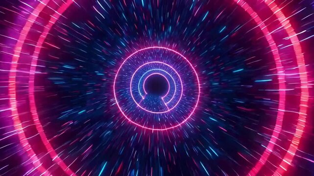 Multiverse gateway fast moving through glowing colorful neon light tunnel