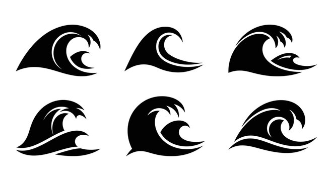 Set of Six Black Wave Icons, Ocean Water Surfing Vector Graphics