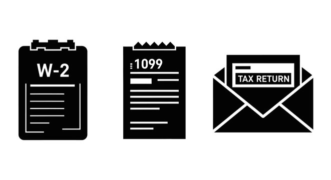 Tax Forms W-2, 1099, and Tax Return Envelope - Icon Set