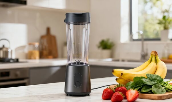 Modern portable blender without logo or label surrounded by fresh fruit in a bright kitchen.