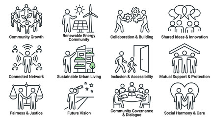 Obraz premium Sustainable community and collaborative social growth line icon set.