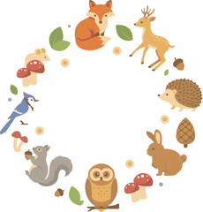 Naklejka premium Decorative circular frame composed of various forest animals and woodland elements for design projects