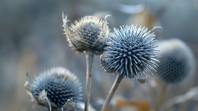 Dried echinops spiky bracts close up