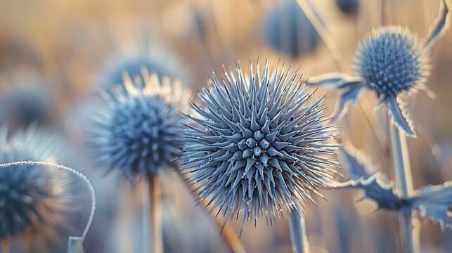 Dried echinops spiky bracts close up