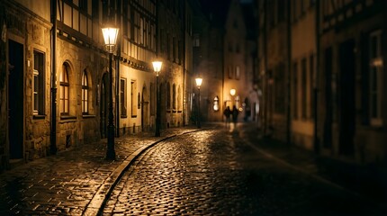 Fototapeta premium Night view of a historic cobblestone street illuminated by vintage lamps