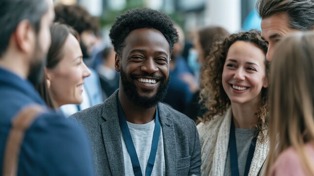 Business attendees gather at a conference to build relationships, attend presentations, and collaborate with industry professionals.