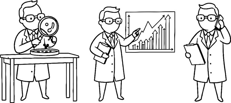 Cartoon scientists analyzing data and conducting research.