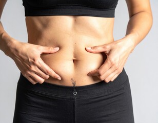 Naklejka premium Midsection of a woman in athletic wear pinching skin around her belly button, highlighting body positivity and fitness, studio lighting, isolated on gray.