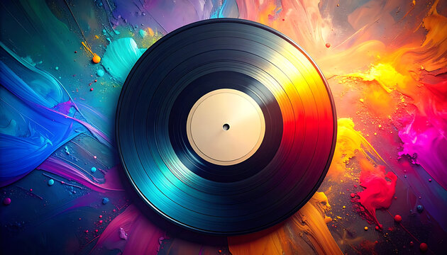 Vinyl record on a vibrant abstract multicolored paint splash background, music industry