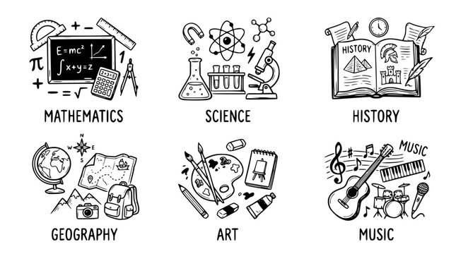 Hand drawn school subject icons mathematics science history geography art music, black ink sketch vector illustration