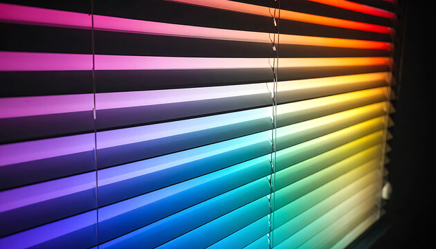 Venetian blinds illuminated by vibrant rainbow spectrum light, colorful gradient shadows casting pattern