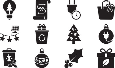 Obraz premium Christmas icons, black vector set, holiday symbols, festive decorations