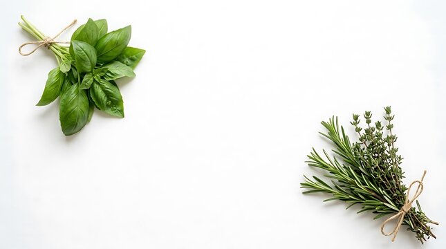 A bundle of fresh green basil and a tied bunch of rosemary and thyme sprigs placed in opposite corners on a clean white background with copy space. Flat lay minimalist culinary herbs.