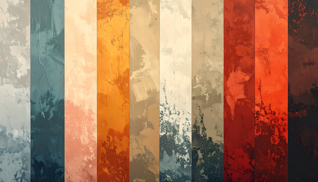 Vertical stripes with distressed grunge texture in warm and cool tones, paint splatter, weathered surface effect for vintage backgrounds