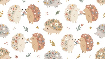 Obraz premium Cheerful pattern of cute, floral hedgehogs on a white background