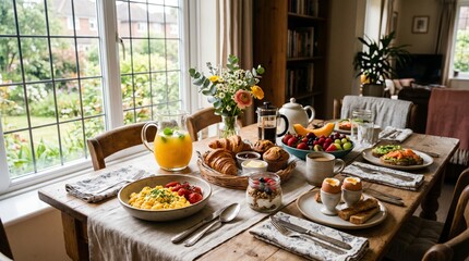 Fototapeta premium Delicious breakfast spread on a wooden table by a sunny window with a view