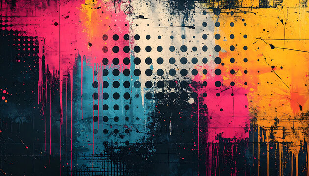 vibrant abstract grunge background with multi-color paint splashes, distressed halftone patterns, urban street style texture, energy and dynamic backdrop