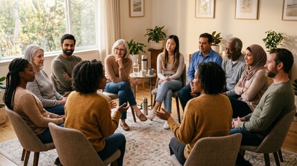 Obraz premium Diverse group of people sitting in a circle having a discussion together in a cozy living room