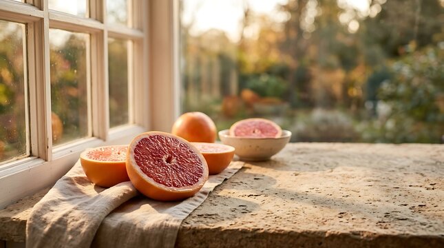 Fresh ruby red grapefruits cut in half on a rustic travertine stone ledge by a window in golden sunset light. Serene autumn garden view background. Minimalist warm aesthetic copy space.