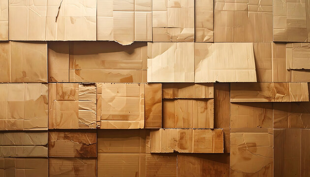 Abstract stacked brown cardboard panels, overlapping geometric paper texture blocks, industrial shipping material surface, packaging layers