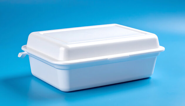 White styrofoam food container for takeaway meals, disposable packaging box on blue background
