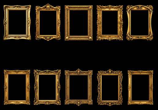 Collection of ten ornate gold picture frames featuring decorative vintage-inspired borders. Elegant frame designs isolated on a black background