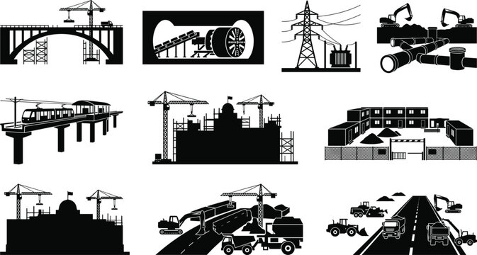 Construction Infrastructure and Civil Engineering Silhouette Collection Featuring Bridges Roads Utilities and Building Projects Vector Set