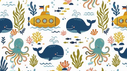 Obraz premium Cheerful ocean pattern shows cute whales, octopuses, fish, a submarine, and seaweed