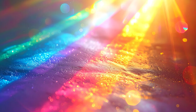 vibrant rainbow light spectrum refraction with prismatic lens flare, bokeh particles, mystical glowing energy, ethereal atmosphere, digital background