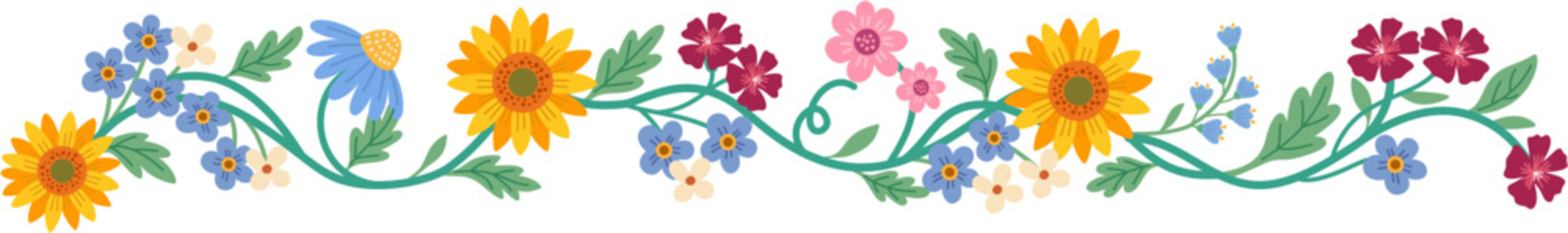 Floral border with sunflowers and blue flowers