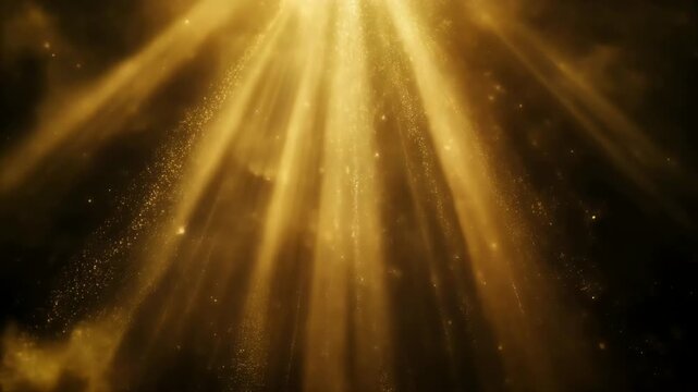 Golden light rays shining through floating dust particles in video motion
