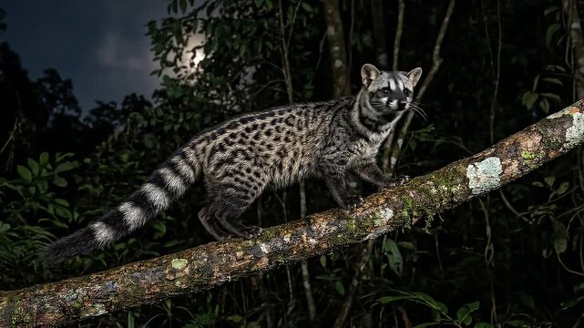 Asian palm civet walking along a tree branch video animation
