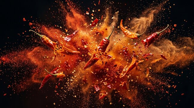 Vibrant red chili peppers exploding with spicy powdered seasoning clouds
