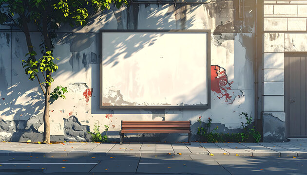 Empty blank billboard on distressed urban wall with park bench, urban advertising mockup, city street scene, outdoor marketing template