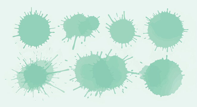 Collection of mint green ink splats and watercolor paint blots on a light background. Features various circular splash shapes, irregular drips, and layered stains for design.