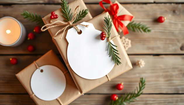 Round white gift tag mockup on Christmas or Valentines Day wrapped presents on rustic wooden background with boho decoration. Spring blank label product mockup of bohemian mockup, Dynamic motion. Wh