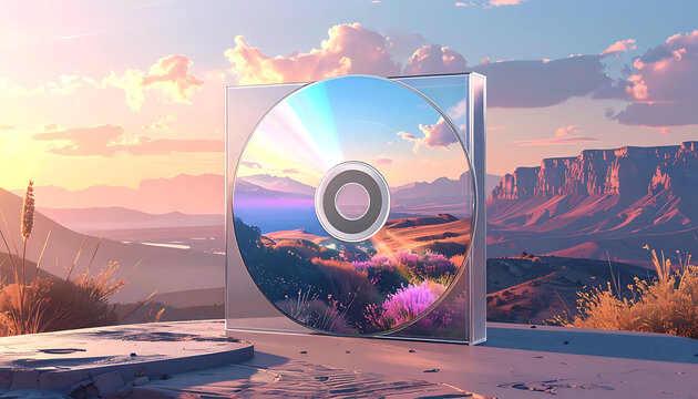 compact disc reflecting a vibrant mountain sunset, music media, data storage, nostalgic technology