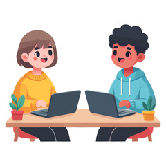Fototapeta premium Illustration Of Two Diverse Students Collaborating On Laptops At A Wooden Desk
