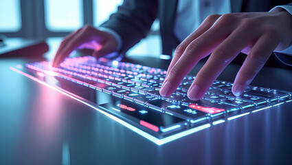 Fototapeta premium Person's hands typing on a futuristic transparent glowing keyboard with blue and pink lights in a modern office setting.