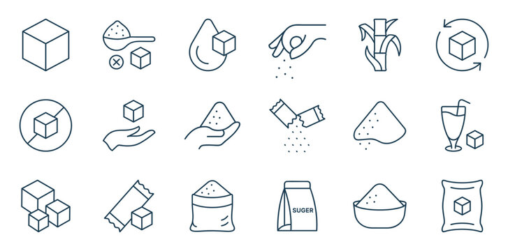 Sugar icon set featuring refined cubes, stick pack sachets, and glycemic health symbols in line style