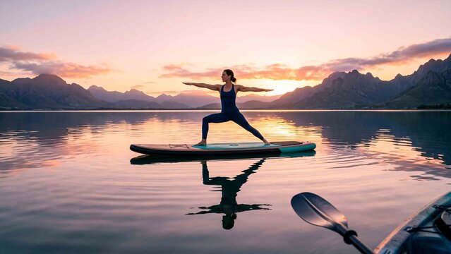 Woman perform yoga pose on paddleboard during vibrant sunset over tranquil mountain lake water reflection outdoor