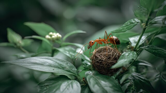 Ant on Nest Among Green Leaves in a Tropical Environment