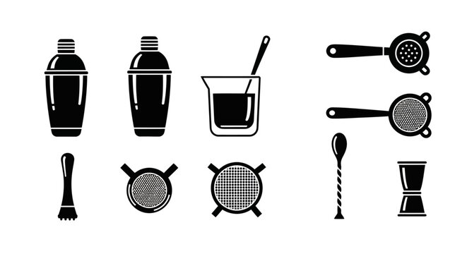 Bartending Tools Silhouette Icons: Shaker, Jigger, Strainer, Muddler, Spoon, Beaker