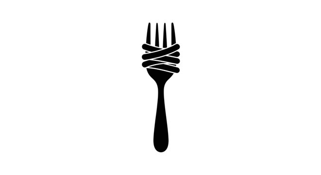 Black silhouette of a fork with spaghetti wrapped around it on a white background