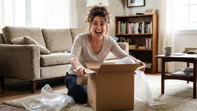 Joyful woman opens a delivery parcel expressively at home showcasing happiness in her cozy living room